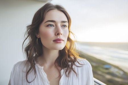 A young woman with wavy brown hair and blue eyes, wearing a white ruffled blouse, looks out towards the ocean at sunset. The soft, warm light of the setting sun illuminates her face, creating a serene and contemplative mood.の素材