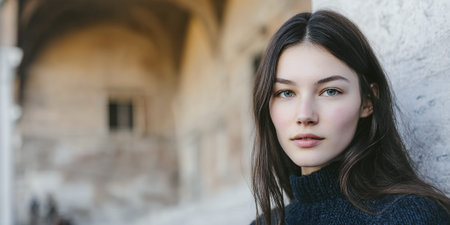A young woman with long dark hair and striking blue-green eyes looks directly at the camera, her face framed by a dark turtleneck sweater. The background is softly blurred, showing architectural elements of arches and stone walls, suggesting an outdoor setting in a historic location.の素材
