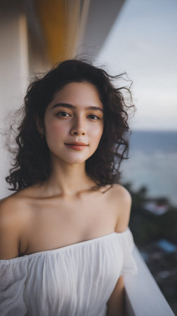 A young woman with curly dark hair and an off-the-shoulder white dress stands on a balcony overlooking the ocean.の素材