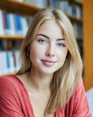 A young woman with blonde hair and blue eyes smiles at the camera, seated in front of a bookshelf.の素材