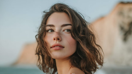 A young woman with wavy brown hair looks off to the side with a soft expression. The background is blurred, suggesting an outdoor setting like a beach or a cliffside.の素材