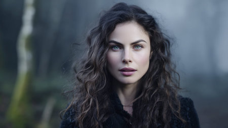 A young woman with long, dark, curly hair and striking green eyes gazes directly at the camera. She is wearing a dark, textured garment, possibly a coat or sweater, and a delicate necklace. The background is softly blurred, suggesting an outdoor setting with a misty or foggy atmosphere, possibly a forest or wooded area. The lighting is subdued, creating a moody and intimate portrait.の素材