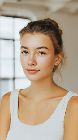 A young woman with her hair pulled up in a bun, wearing a white tank top, looks directly at the camera with a neutral expression. The background is softly blurred, suggesting an indoor setting with natural light coming from a window.の素材