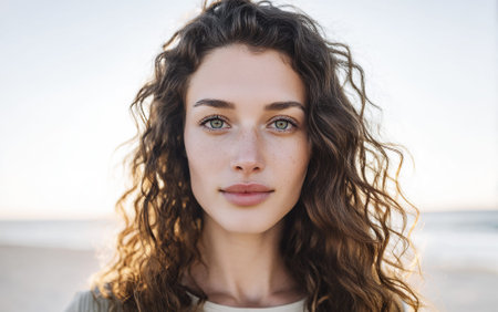 A young woman with curly brown hair and green eyes looks directly at the camera with a neutral expression. She has freckles across her nose and cheeks. The background is blurred, suggesting an outdoor setting, possibly a beach or open area with soft light.の素材