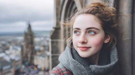 A young woman with bright blue eyes and freckles looks out over a city skyline, her hair pulled up in a messy bun. She is wearing a grey scarf and a red and black plaid shirt. The background is blurred, but appears to be a historic city with tall buildings and a cloudy sky.の素材