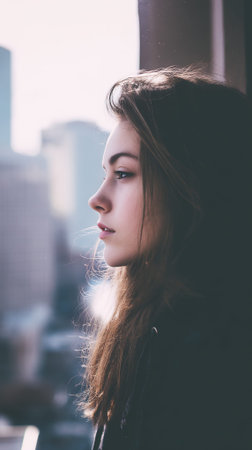 A young woman gazes out a window, her profile illuminated by soft light, with a blurred cityscape in the background.の素材