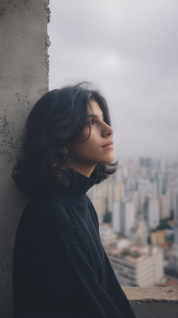 A young woman with dark, wavy hair and a black turtleneck looks up and to the right, with a city skyline blurred in the background. She is leaning against a concrete wall, her expression thoughtful and serene.の素材