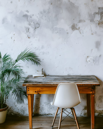 A rustic wooden desk with a white chair sits in front of a textured, distressed wall, with a potted palm plant to the left, creating a minimalist and natural workspace.の素材