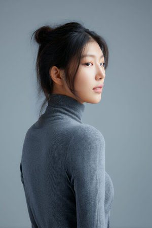 A young woman with her hair in a bun, wearing a grey turtleneck, looks over her shoulder against a grey background.の素材