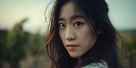 A young woman with dark hair is looking directly at the camera with a neutral expression. The background is blurred, suggesting an outdoor setting, possibly a field or vineyard.の素材