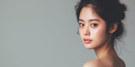 A young woman with dark hair pulled up in a bun looks over her shoulder with a soft expression.の素材