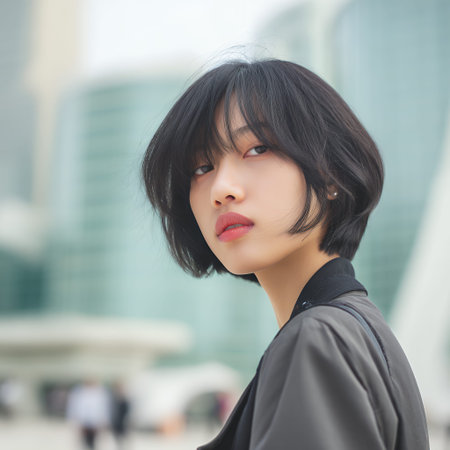 A young woman with short black hair and bangs looks over her shoulder at the camera. She is wearing a dark jacket and is standing in front of a blurred background of modern buildings.の素材