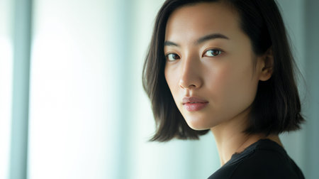 A close-up portrait of a young Asian woman with dark hair and brown eyes, looking towards the camera with a neutral expression. She is wearing a black top and is lit by soft, natural light coming from the left side of the frame.の素材
