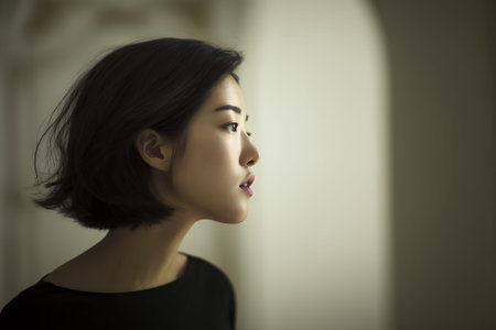 A young Asian woman with short dark hair looks thoughtfully to the right, her lips slightly parted as if about to speak or in mid-thought. She is wearing a simple black top and is illuminated by soft light, creating a contemplative mood.の素材