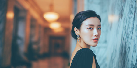 A woman in a black dress and elegant earrings looks over her shoulder.の素材