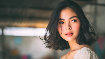A young woman with dark hair and light skin poses for a portrait, looking off to the side with a soft expression.の素材