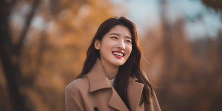 A young woman with long dark hair, wearing a tan coat, smiles brightly outdoors with a blurred background of autumn foliage.の素材
