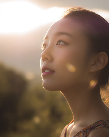 A young woman looks up at the sky as the sun sets, her face illuminated by the golden light.の素材