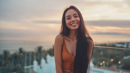 A young woman with long dark hair smiles at the camera while sitting on a balcony overlooking the ocean at sunset.の素材
