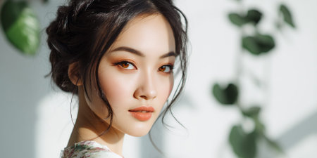 A young Asian woman with dark hair styled up and makeup on her eyes and lips looks towards the camera. She is wearing a floral top and is lit by natural light, with shadows from plants falling on the wall behind her.の素材