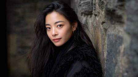 A young Asian woman with long, dark hair and wearing a black coat leans against a stone wall.の素材