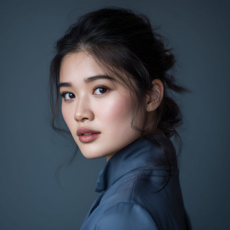 A young woman with dark hair pulled back, wearing a blue collared shirt, looks over her shoulder with a neutral expression.の素材