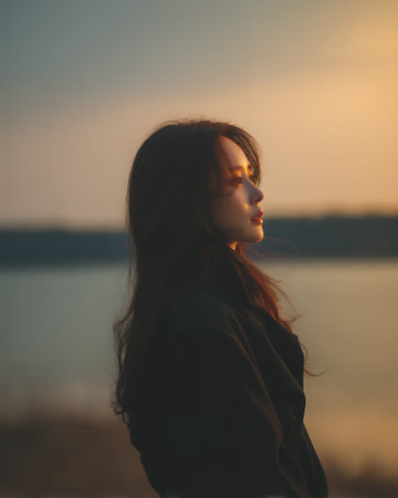 A young woman with long dark hair stands by the water at sunset, looking out at the horizon. The warm golden light of the setting sun illuminates her face, creating a serene and contemplative mood.の素材