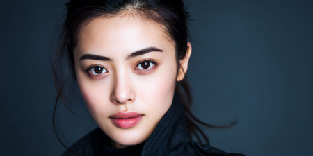 A close-up portrait of a young Asian woman with dark hair pulled back, wearing a black jacket. Her eyes are dark brown and her lips are painted a glossy pink. The background is a solid dark blue.の素材