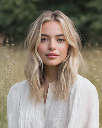 A young woman with blonde hair and green eyes, wearing a white blouse, poses for a portrait in a field of tall grass and wildflowers.の素材