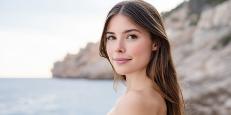 A young woman with long brown hair and freckles smiles gently as she looks over her shoulder towards the camera. She is outdoors with a blurred background of the ocean and rocky cliffs.の素材