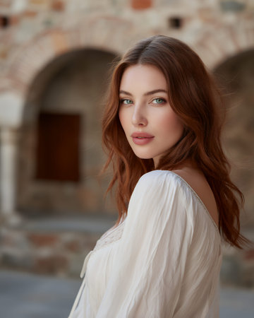 A young woman with long, wavy auburn hair and striking green eyes looks over her shoulder. She is wearing a flowing white dress with delicate lace trim. The background features blurred architectural elements, suggesting an outdoor setting with arches and stone walls, possibly in a historic European town.の素材