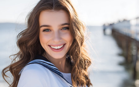A young woman with long, wavy brown hair and bright blue eyes smiles warmly at the camera. She is wearing a white sailor-style uniform with navy blue trim. The background is blurred, showing a pier extending into the water under a bright, hazy sky, suggesting a seaside or waterfront location.の素材