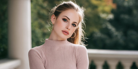 A young woman with blonde hair pulled back in a ponytail, wearing a pink turtleneck sweater and gold hoop earrings, poses for a portrait outdoors with a soft focus background of greenery and architectural elements.の素材