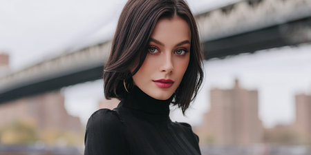 A young woman with dark hair and green eyes, wearing a black turtleneck, poses for a portrait outdoors with a blurred urban background.の素材