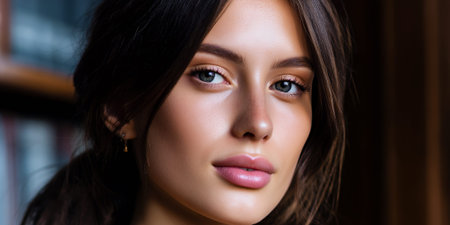 A close-up portrait of a young woman with striking green eyes and full lips, her dark hair framing her face.の素材