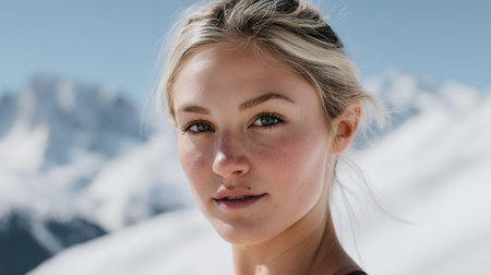 A young woman with blonde hair and blue eyes looks directly at the camera with a soft smile. She is outdoors, with a blurred background of snow-capped mountains and a clear blue sky, suggesting a winter or high-altitude setting. Her skin is slightly flushed, possibly from the cold or exertion, and her hair is windswept, adding to the natural, adventurous feel of the portrait.の素材