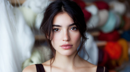 A young woman with dark hair and brown eyes looks directly at the camera. She is wearing a dark top and her hair is pulled back loosely. The background is blurred and appears to be a collection of colorful fabrics or yarn.の素材