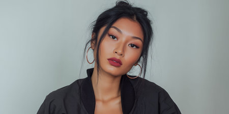 A young woman with her hair in a messy bun and wearing a black jacket and large hoop earrings looks directly at the camera.の素材
