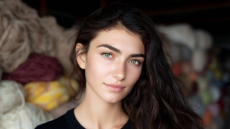 A young woman with striking green eyes and dark, wavy hair looks directly at the camera. She is wearing a black top and is positioned in front of a blurred background of colorful yarn or fabric.の素材