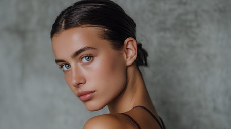 A young woman with striking blue eyes and dark hair pulled back gazes over her shoulder, her skin illuminated by soft light against a textured gray background. The portrait emphasizes her natural beauty and serene expression.の素材