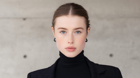 A young woman with striking blue eyes and light brown hair pulled back is looking directly at the camera. She is wearing a black turtleneck and a dark blazer, with simple black hoop earrings. The background is a plain concrete wall, suggesting a studio or minimalist setting. The portrait focuses on her features, highlighting her natural beauty and direct gaze.の素材