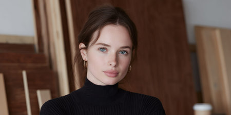 A young woman with striking blue eyes and light brown hair pulled back is looking directly at the camera. She is wearing a black turtleneck sweater and gold hoop earrings. The background consists of wooden panels and planks, suggesting a workshop or studio environment.の素材