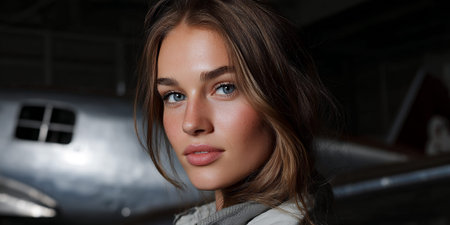 A young woman with striking blue eyes and freckles gazes forward, her hair softly framing her face. She is wearing a grey jacket, and the background suggests an aviation hangar with a blurred aircraft visible. The image evokes a sense of quiet contemplation or anticipation, possibly hinting at a pilot or aviation enthusiast.の素材