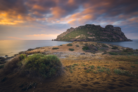 Beautiful sunrise on the Playa Amarilla next to Isla del Fraileの写真素材