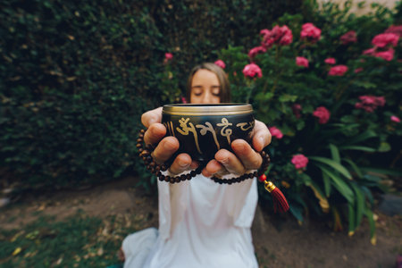 woman grabbing tibetan singing bowl and japa mala
