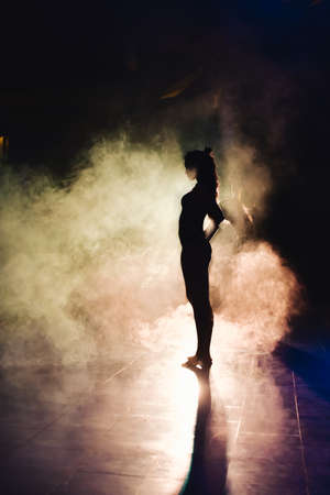 silhouette of a woman dancing between lights and smokeの写真素材