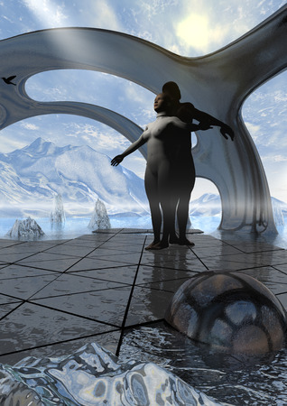 people in the process of meditation in a scenario of winter fantasyの写真素材