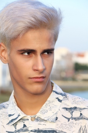 Close-up portrait of a gray-haired teenagerの写真素材