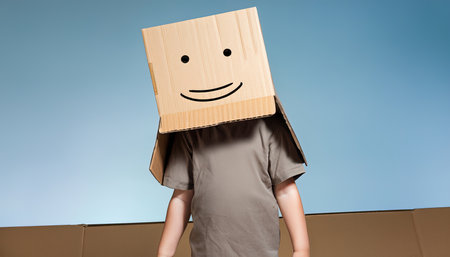 Boy with his head stuck in a box in which there is a smile. Boy plays with a box on his head. A child hiding his head in a cardboard box. Generative AIの素材