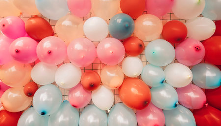 Background of colored balloons in pale tones. Generative AIの素材